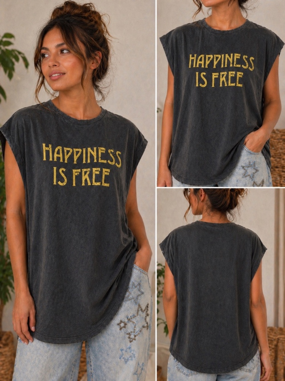 (A4) Pebby Forevee Women’s Washed Black Graphic Tee - "Happiness Is Free"